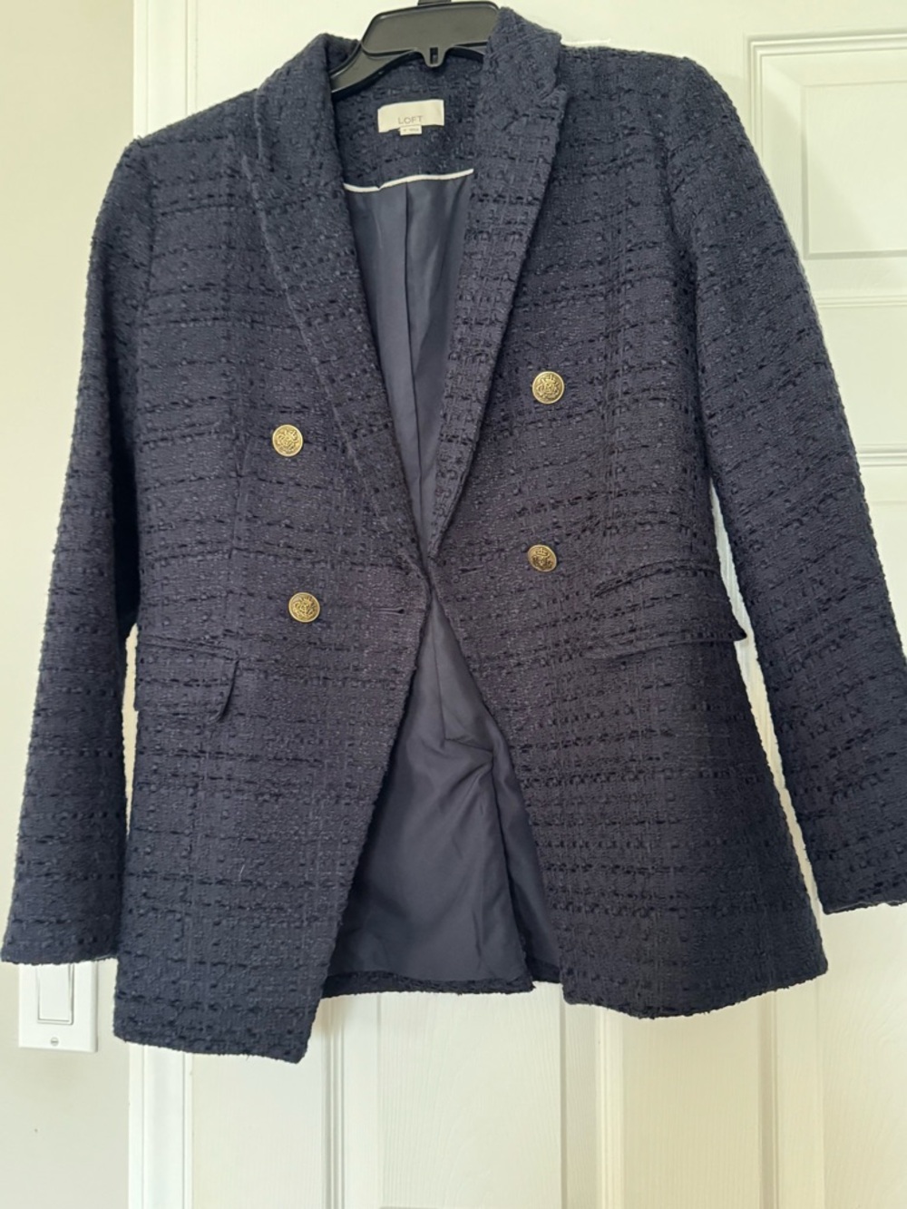 LOFT Dark Navy Textured Tweed Blazer with Gold Accents
